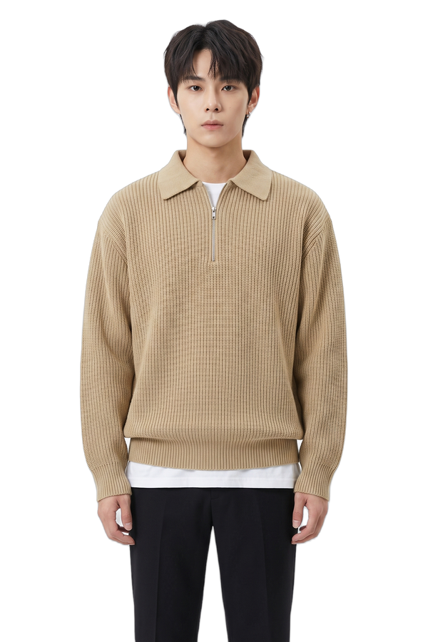 HALF-ZIP KNIT POLO Khaki (front)