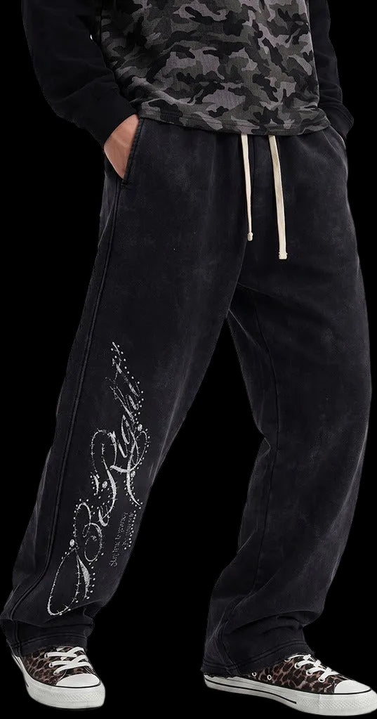 Rhinestone Script Sweatpants in Washed Black, worn, walking
